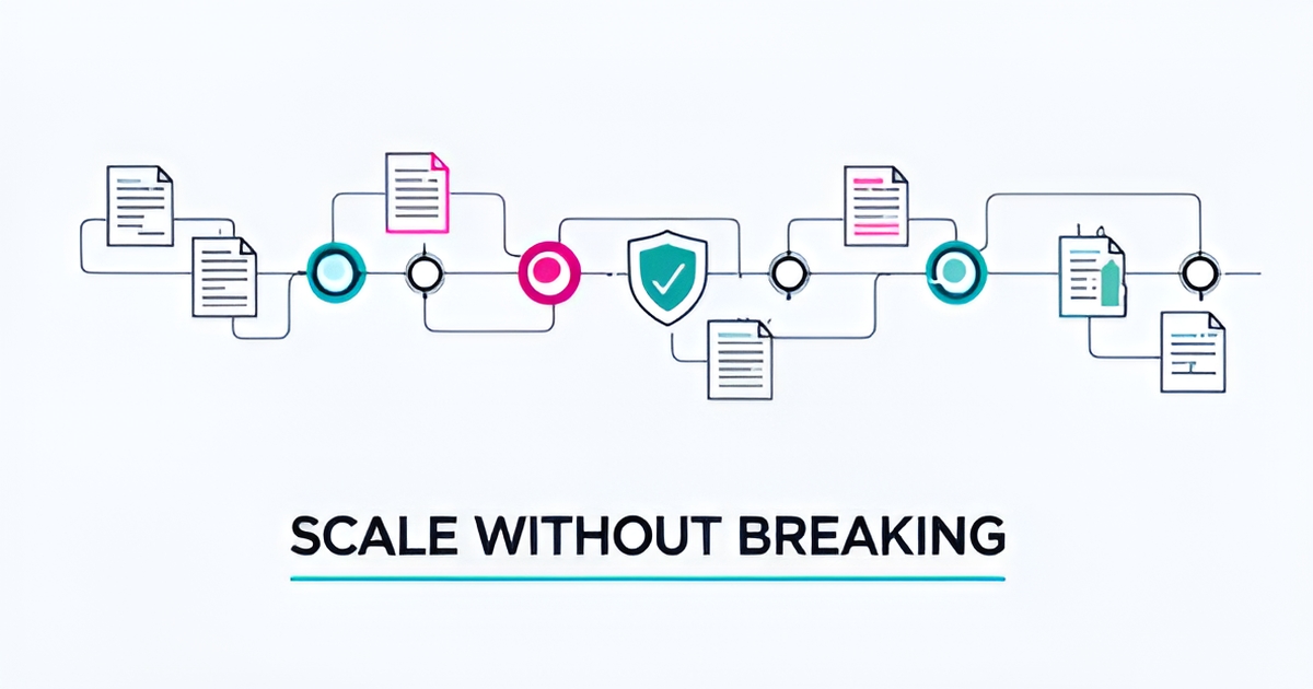 Flat illustration of legal AI documents flowing through a scalable multi-stage pipeline with audit checkpoints and human review, accented in teal and magenta.